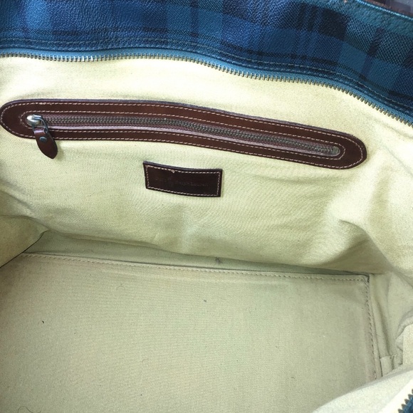 MRALPH LAUREN Black Watch Plaid Oversized Coated Canvas Brown Leather Travel Bag - Picture 9 of 16